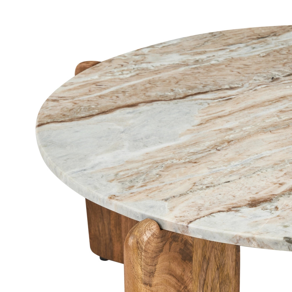 Tavolino con piano in marmo beige e gambe in legno di mango 80 cm stile moderno rotondo soggiorno