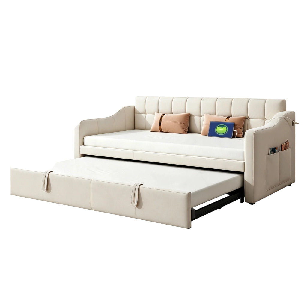 Letto divano estensibile 2 in 1 90x190/180x190 cm imbottito con USB e presa elettrica; velluto beige