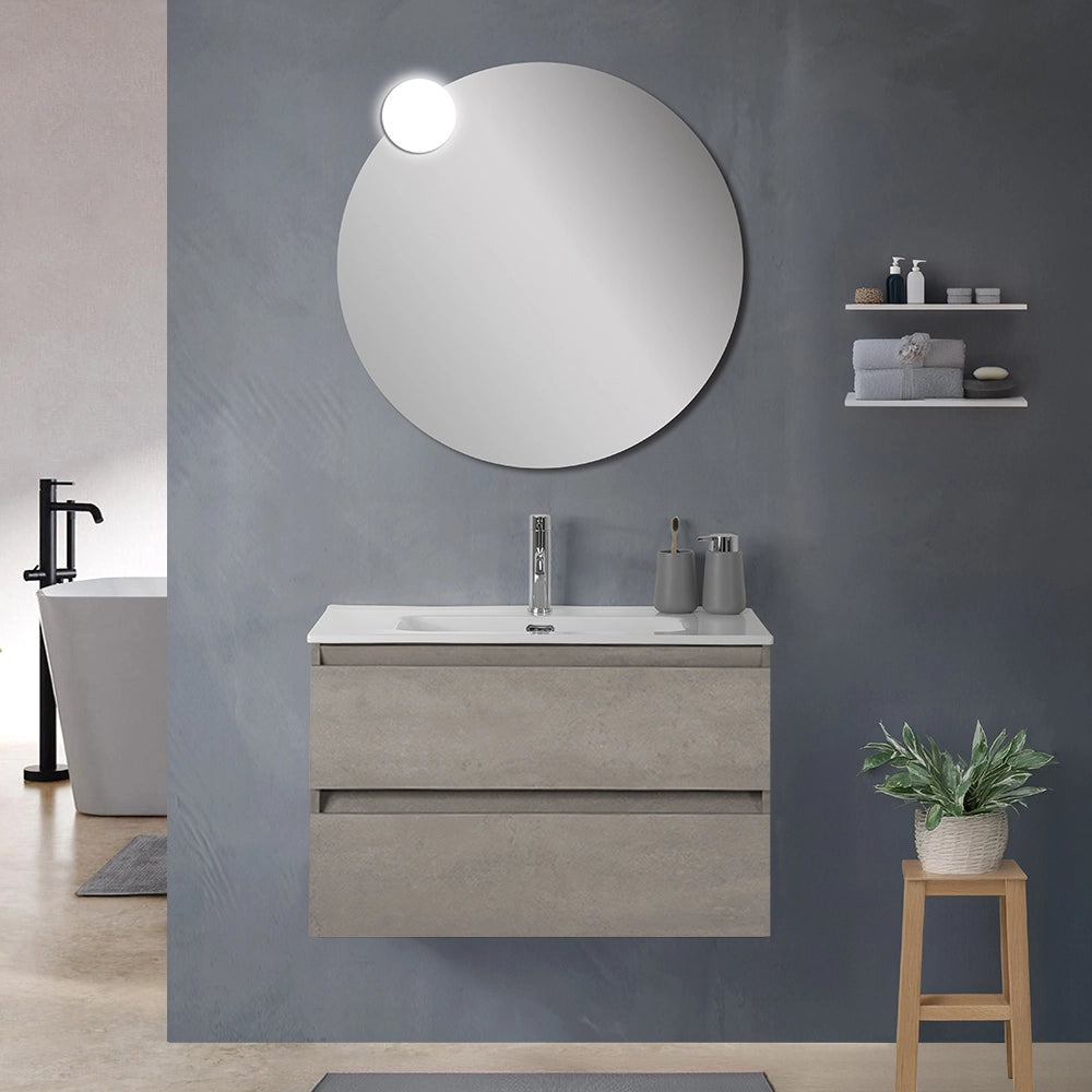 Mobile bagno sospeso 80 cm in legno grigio cemento 2 cassettoni con lavabo Leda