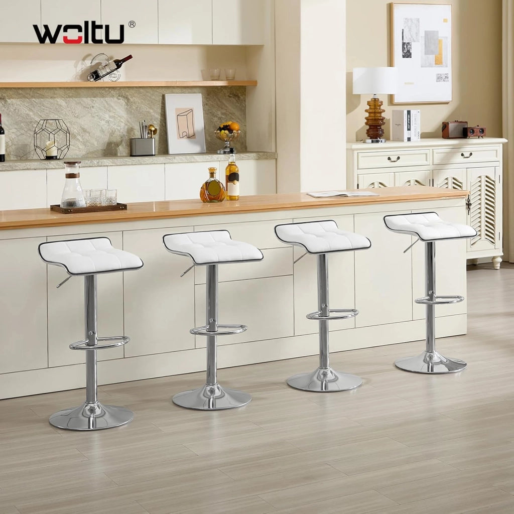 Sgabello da Cucina/Bar, Sedia da Bancone con Poggiapiedi, Altezza Regolabile, Girevole a 360°, Rivestimento in PU, Struttura in Metallo, per Cucina, Soggiorno, Bar, Caffè, Bianco