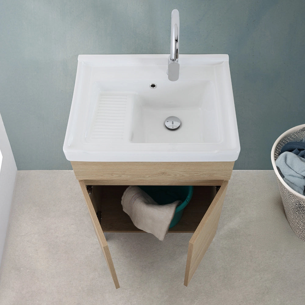 Mobile lavatoio 60x46,8 cm rovere dolomite con vasca in ceramica bianca