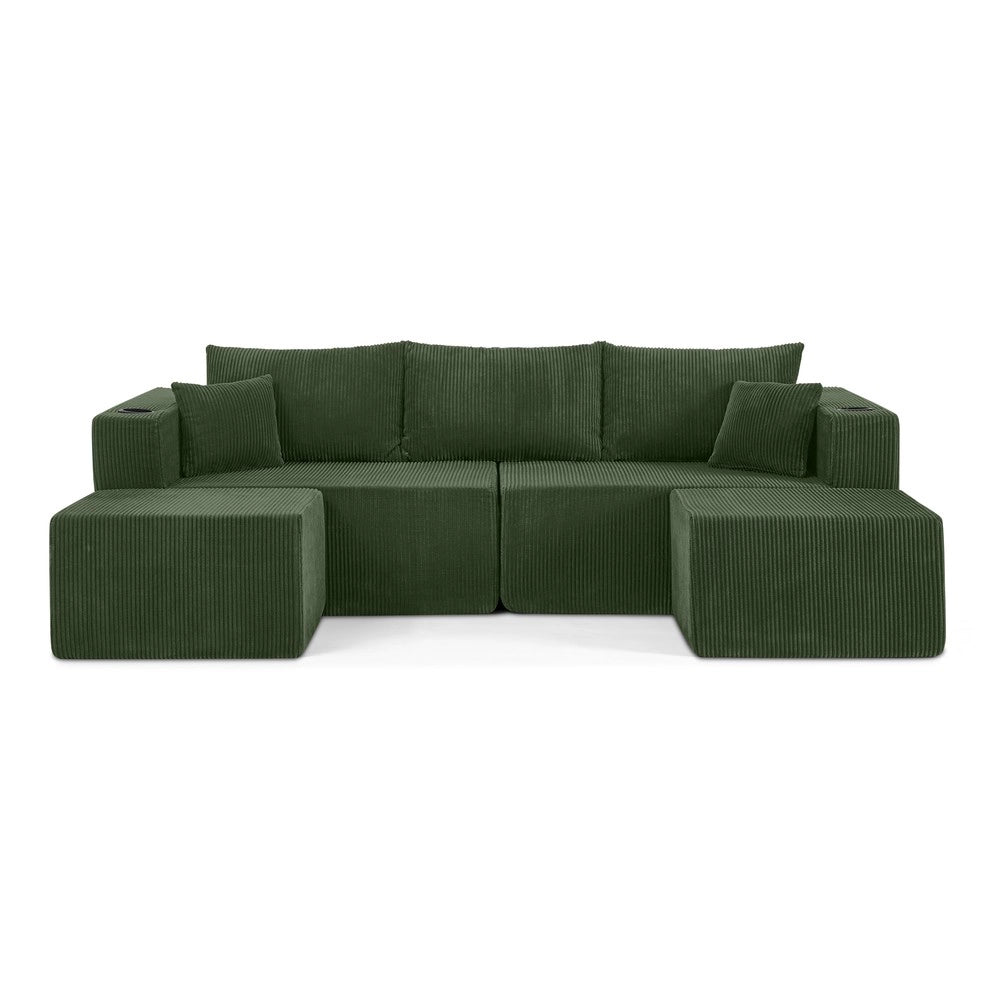 Divano angolare 3 posti ¨C Minimal ¨C velluto verde, con cuscini, porta bevande e tasche laterali