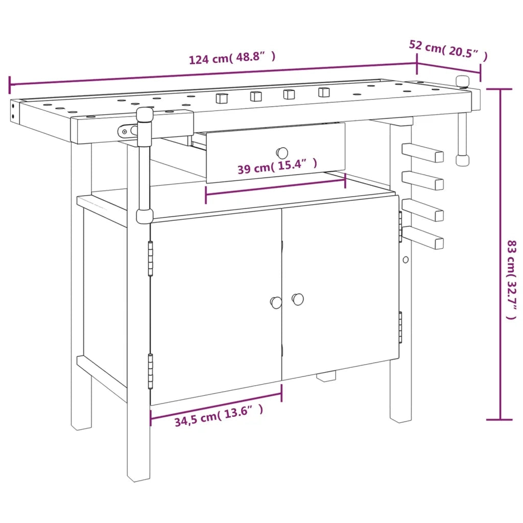 Banco da lavoro con cassetto e morse 124x52x83 cm in legno massello di acacia 153321