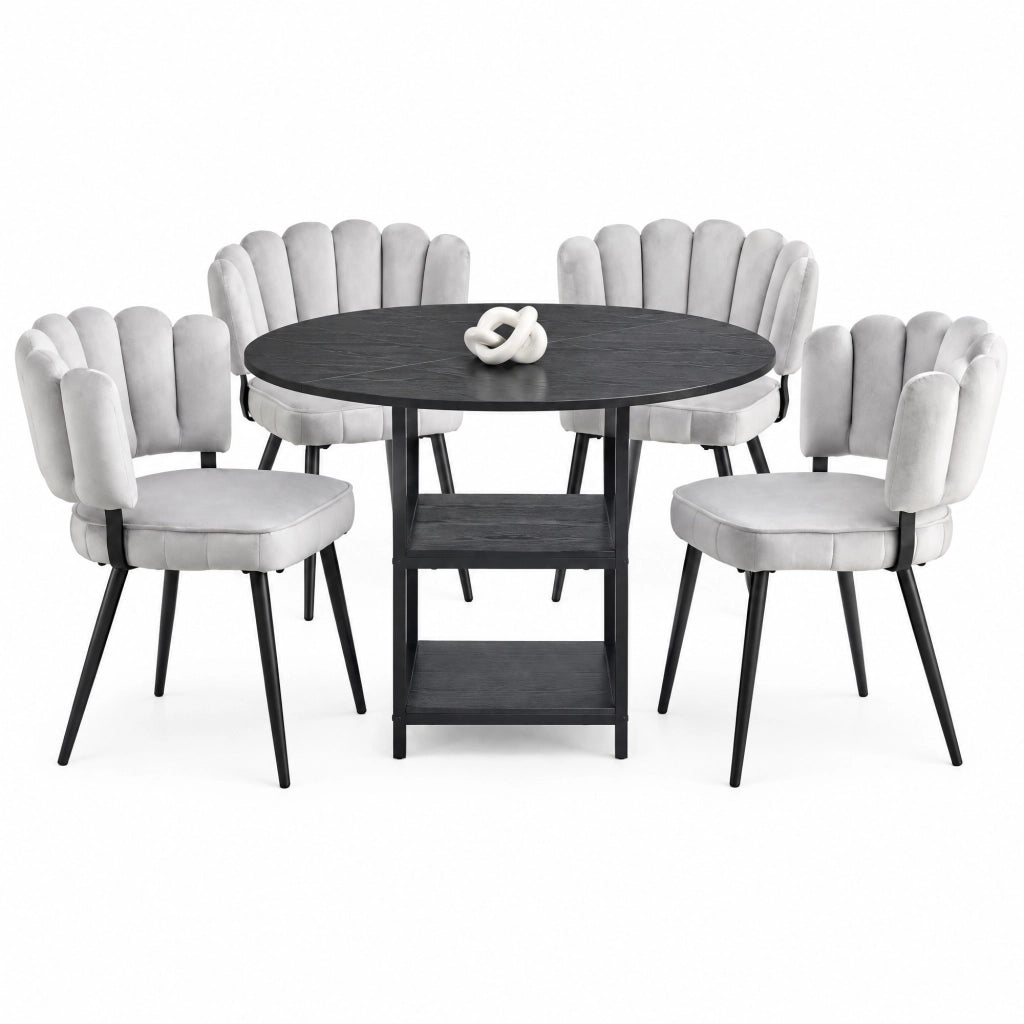 Set tavolo rotondo 107 cm nero MDF con 4 sedie e doppio ripiano