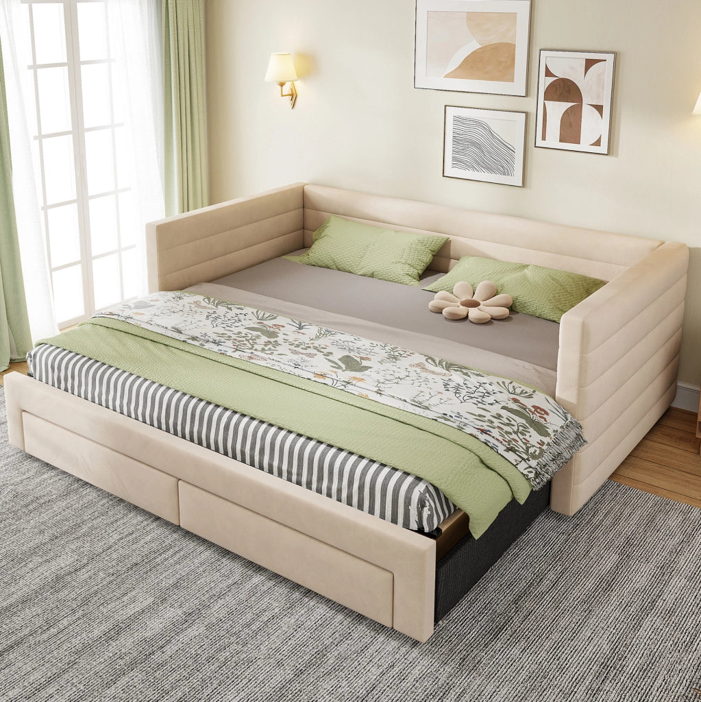 Letto imbottito multifunzionale 3 in 1 90x190 cm con 2 cassetti; beige