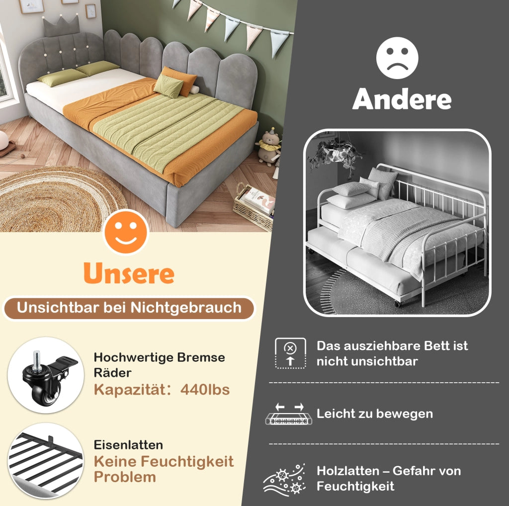 Letto divano 90x200 cm con letto estraibile 90x190 cm in velluto grigio
