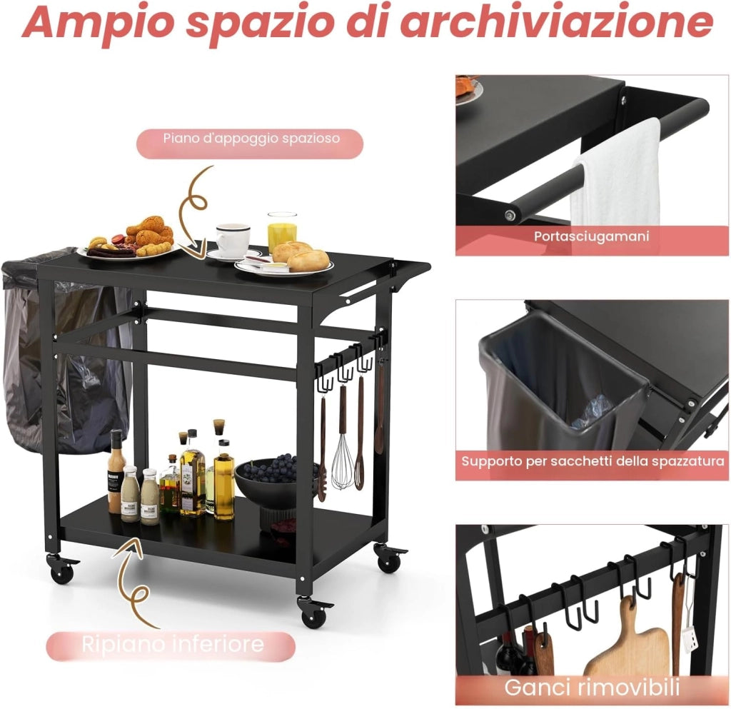 Carrello Barbecue con Ruote in Metallo, Carrello per Grigliare con Tavolo da Lavoro, 2 Ripiani e Ganci, Carrello da Pranzo per BBQ per Esterni, Nero