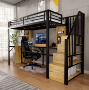 Letto a soppalco 90x200 cm con scrivania; vani contenitore e porta USB; nero; metallo e MDF