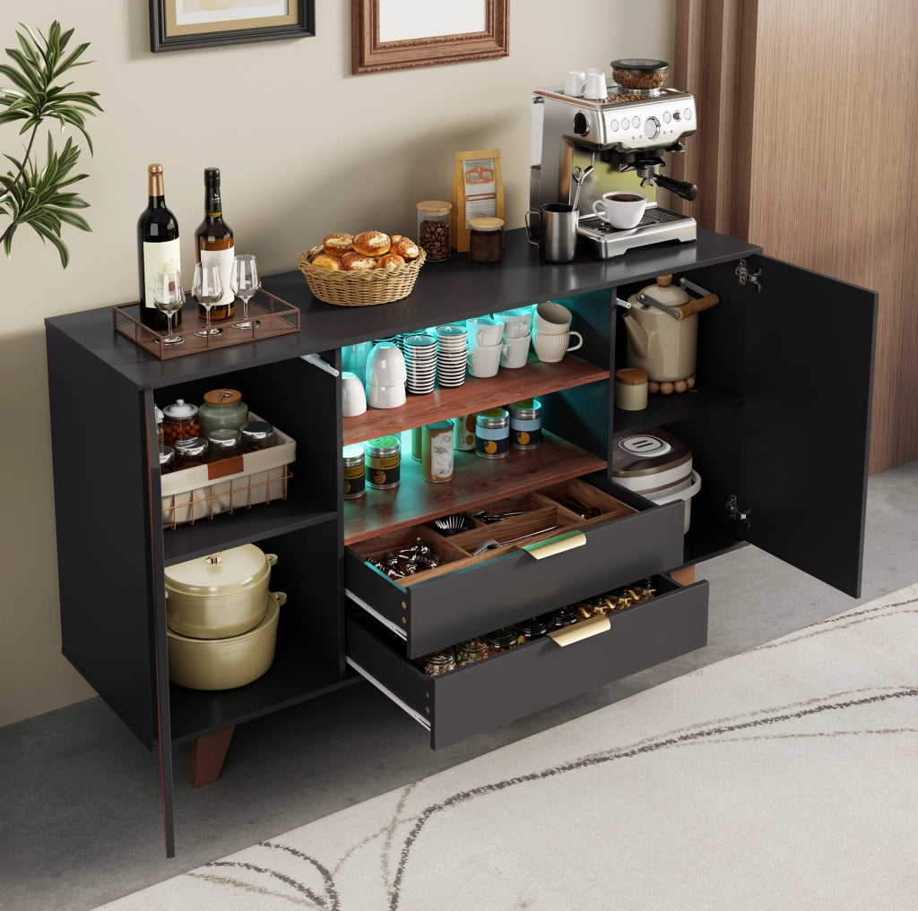Credenza contenitore LED 150 x 40 x 90 cm, MDF naturale e nero
