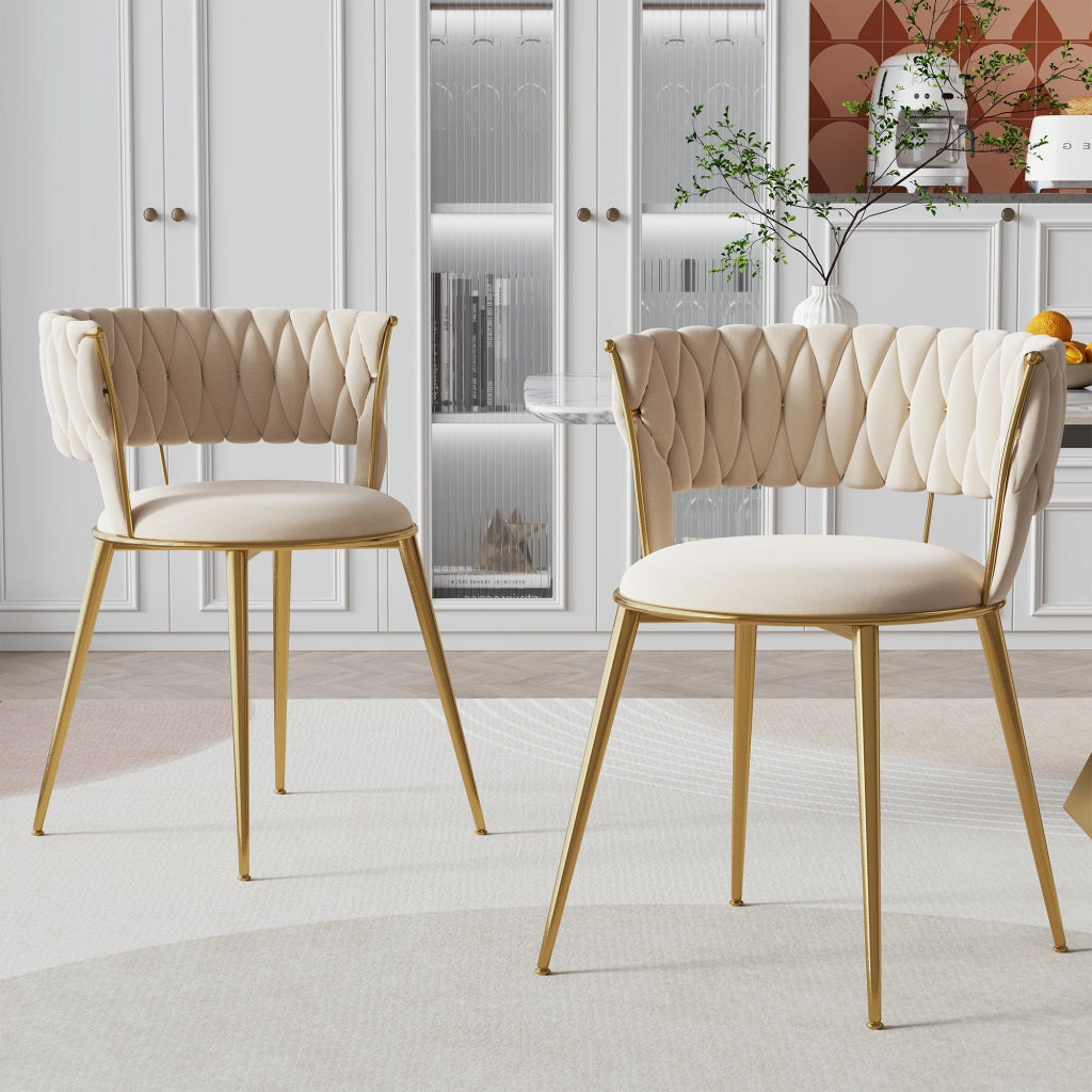 Set di 2 sedie da pranzo in velluto color avorio con schienale traforato e gambe in metallo