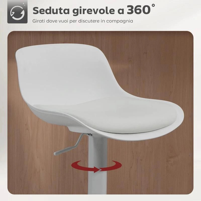 SET 2 SGABELLI DA BAR CON SCHIENALE, ALTEZZA REGOLABILE, SEDUTA GIREVOLE IN PELLE PU E POGGIAPIEDI, BIANCO