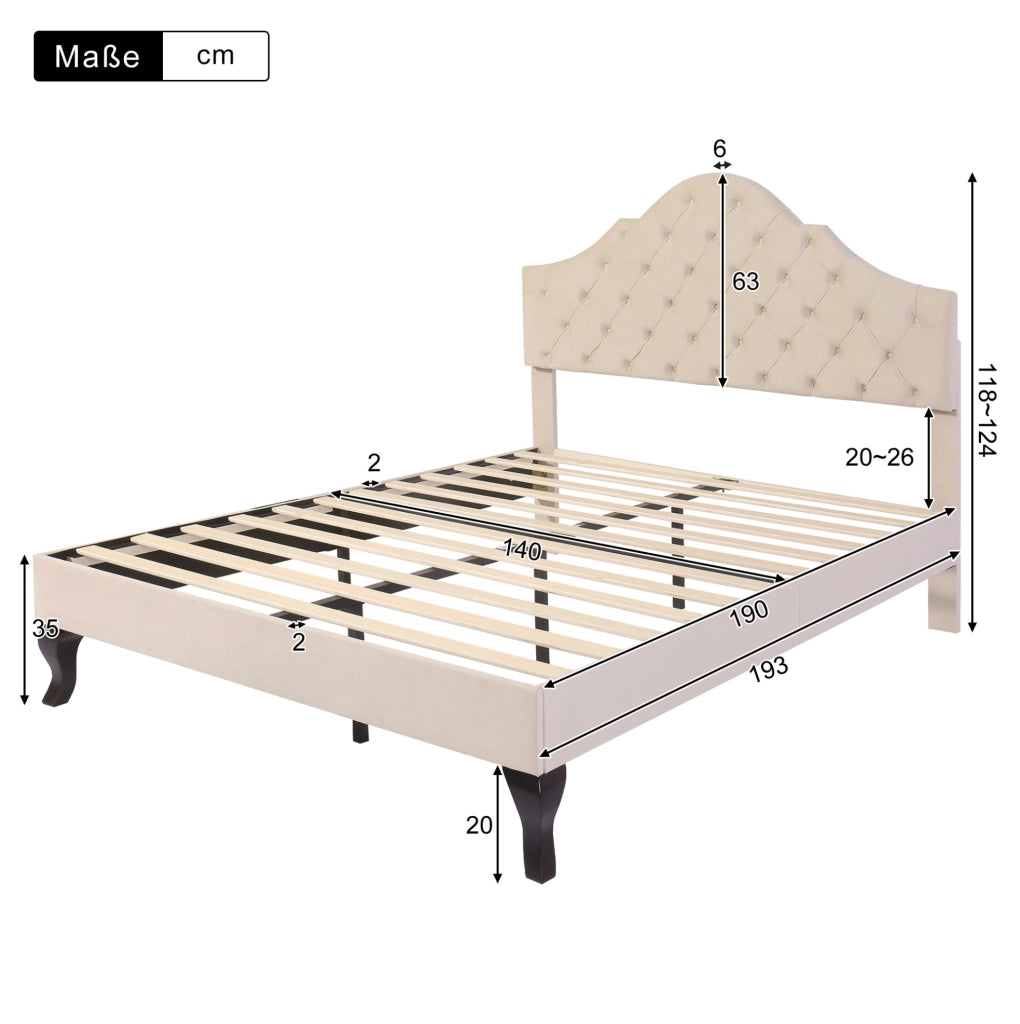 Letto imbottito 140x190 cm; testiera regolabile; velluto bianco sporco