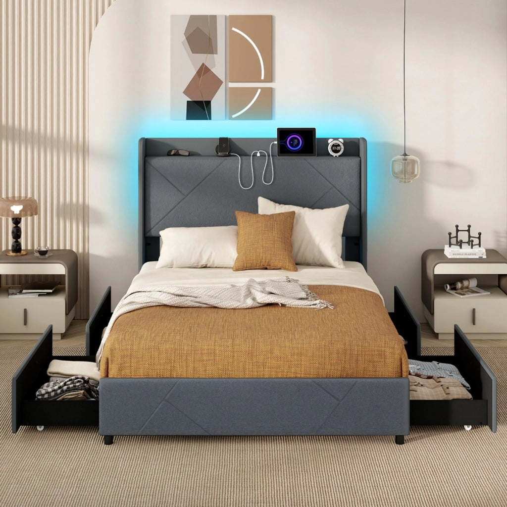 Struttura letto con luci LED letto imbottito con stazione di ricarica, Telaio letto matrimoniale 2 tasche di stoccaggio & 4 cassetti scorrevoli Grigio