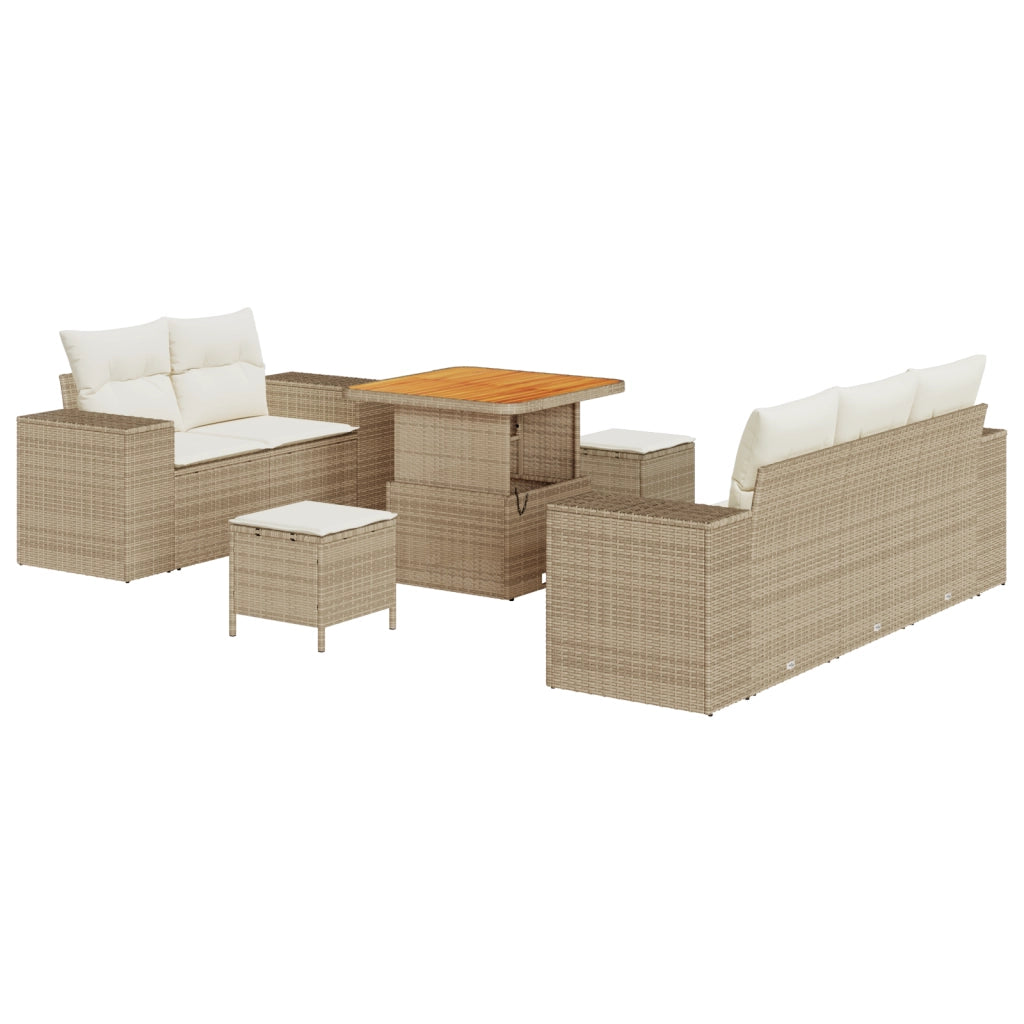 Set Divano da Giardino 8 Pezzi con Cuscini Beige Polyrattan Acacia