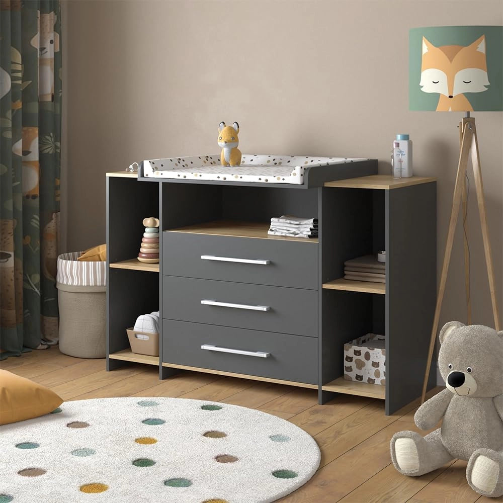 Fasciatoio Oskar, Rovere bianco/dorato, 143.2 x 93 cm con 3 cassetti, adatto come fasciatoio con area di appoggio estensibile