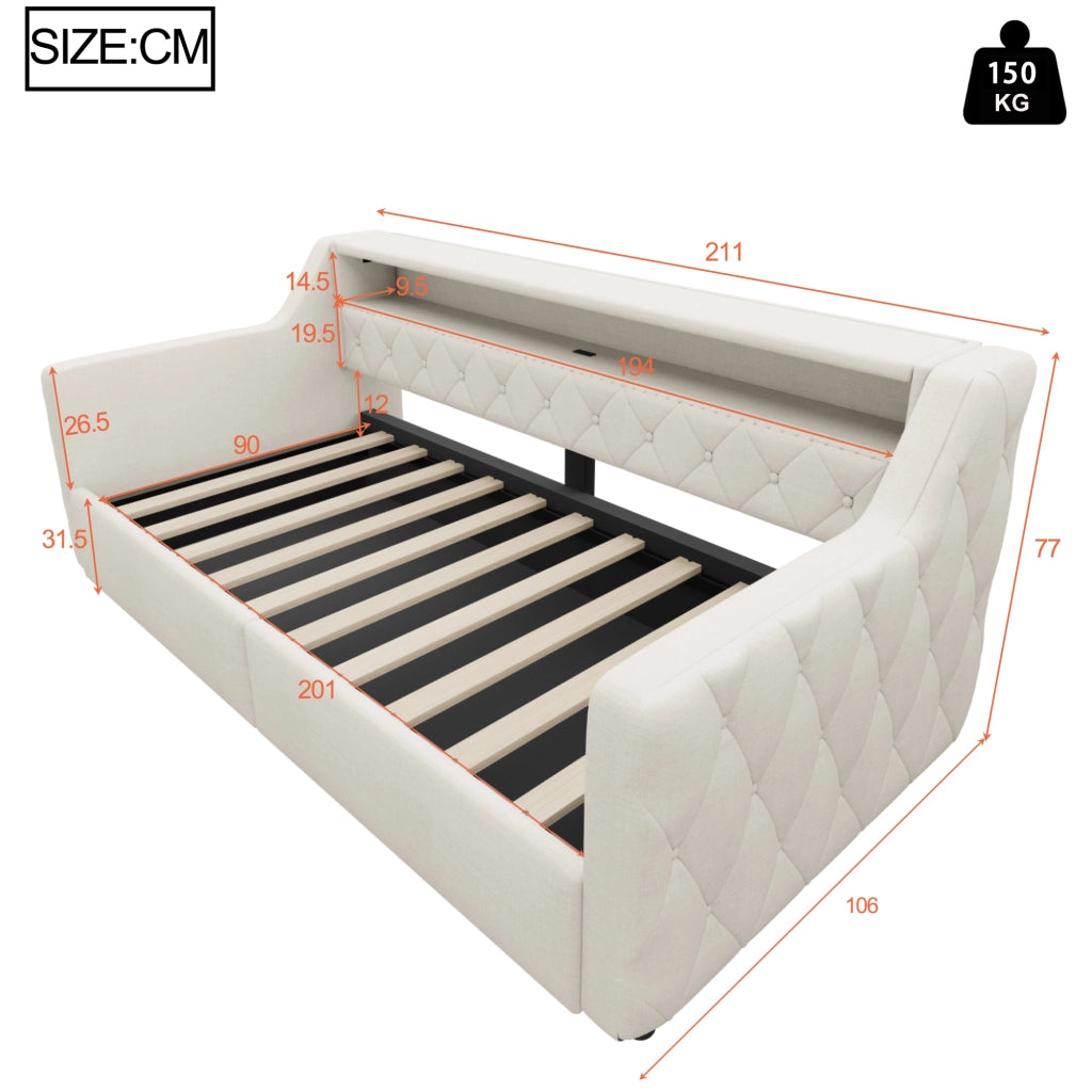Letto divano 90 × 200 cm con contenitore idraulico, LED, USB e Type C, senza materasso, beige moderno