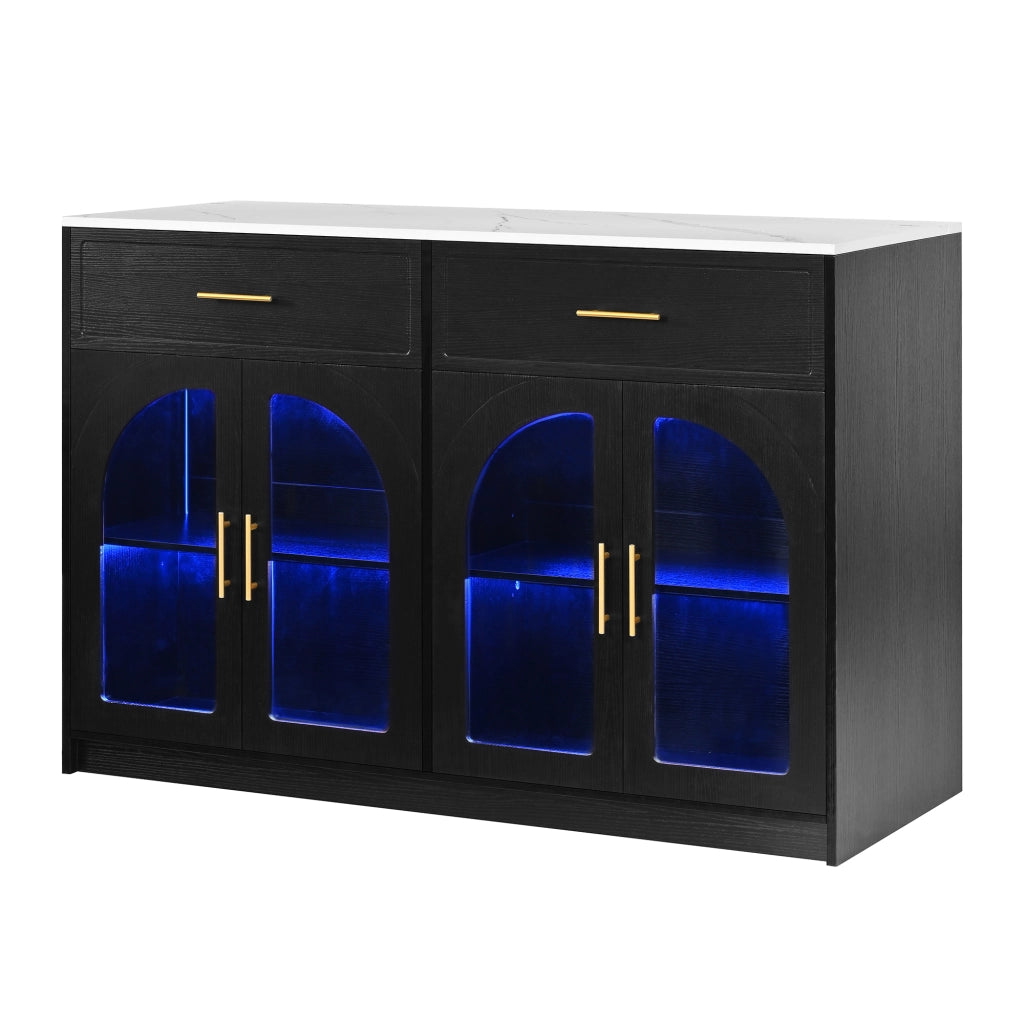Carrello da cucina con LED, 2 cassetti, ante trasparenti e ripiani regolabili, per cucina e sala da pranzo, nero