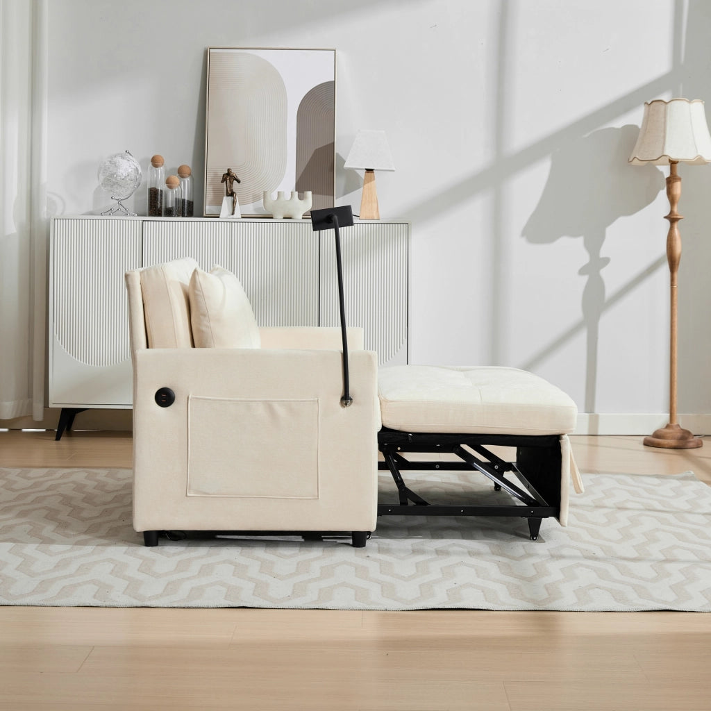 Poltrona imbottita moderna beige con porta USB e supporto tablet; 109x72x83;5 cm