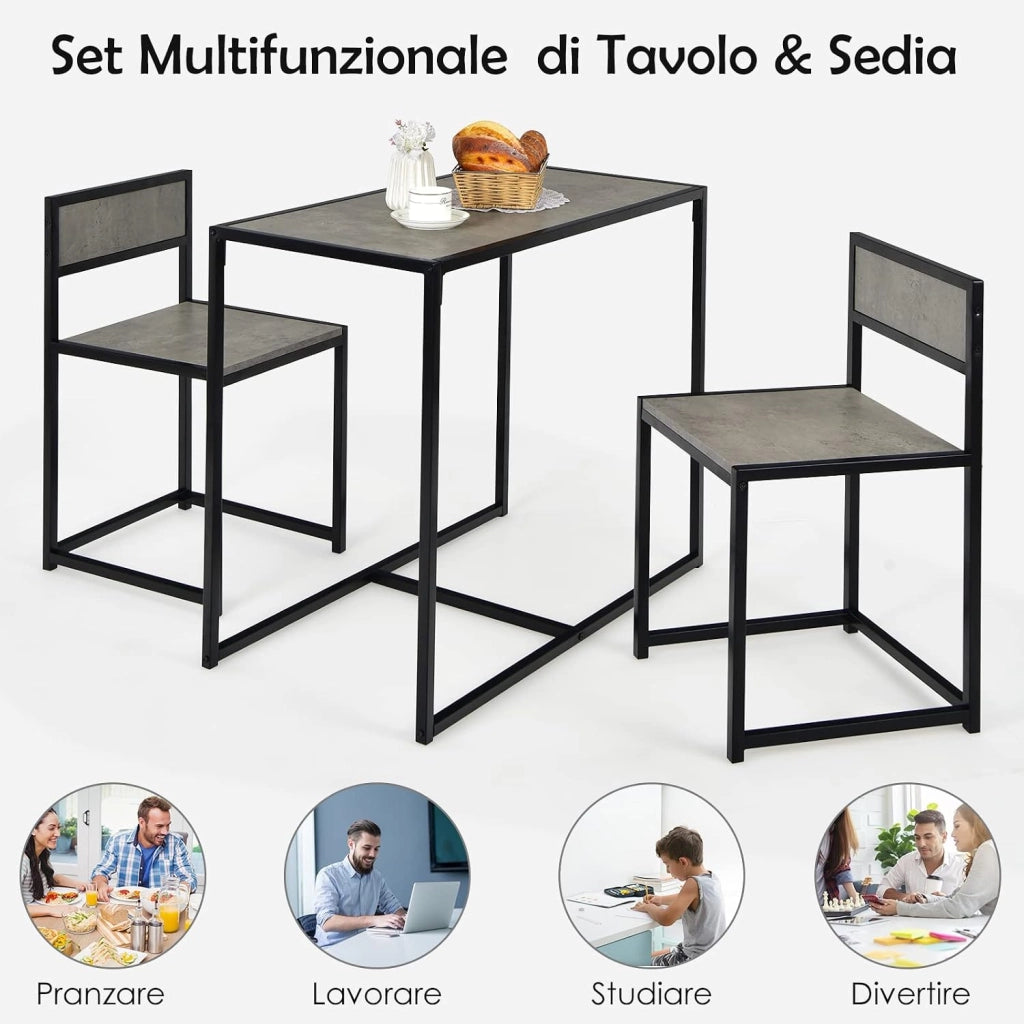 3 Pezzi Set Mobili da Pranzo, con Tavolo e 2 Sedie da Cucina, Struttura di Metallo e Legno, Rustico Elegante (Nero + Grigio)