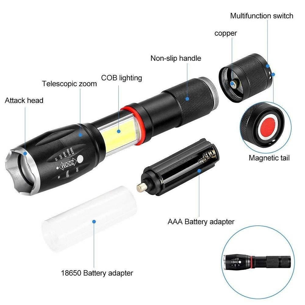 Trade Shop - Torcia Tattica Militare Zoom Cob Ricaricabile Alta Luminosita' T6 Led Te-b0044 -