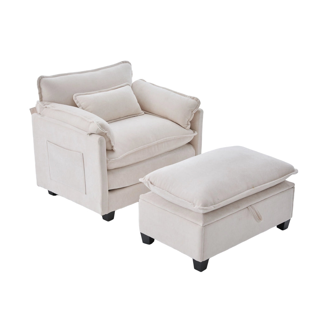 OKWISH Poltrona con Poggiapiedi, Seduta Ampia con Vano Contenitore e Tasca Laterale, Schienale Imbottito, Ciniglia Beige
