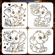 4 Stencil Olifanti con Grandi Occhi per Decorazione di Parete