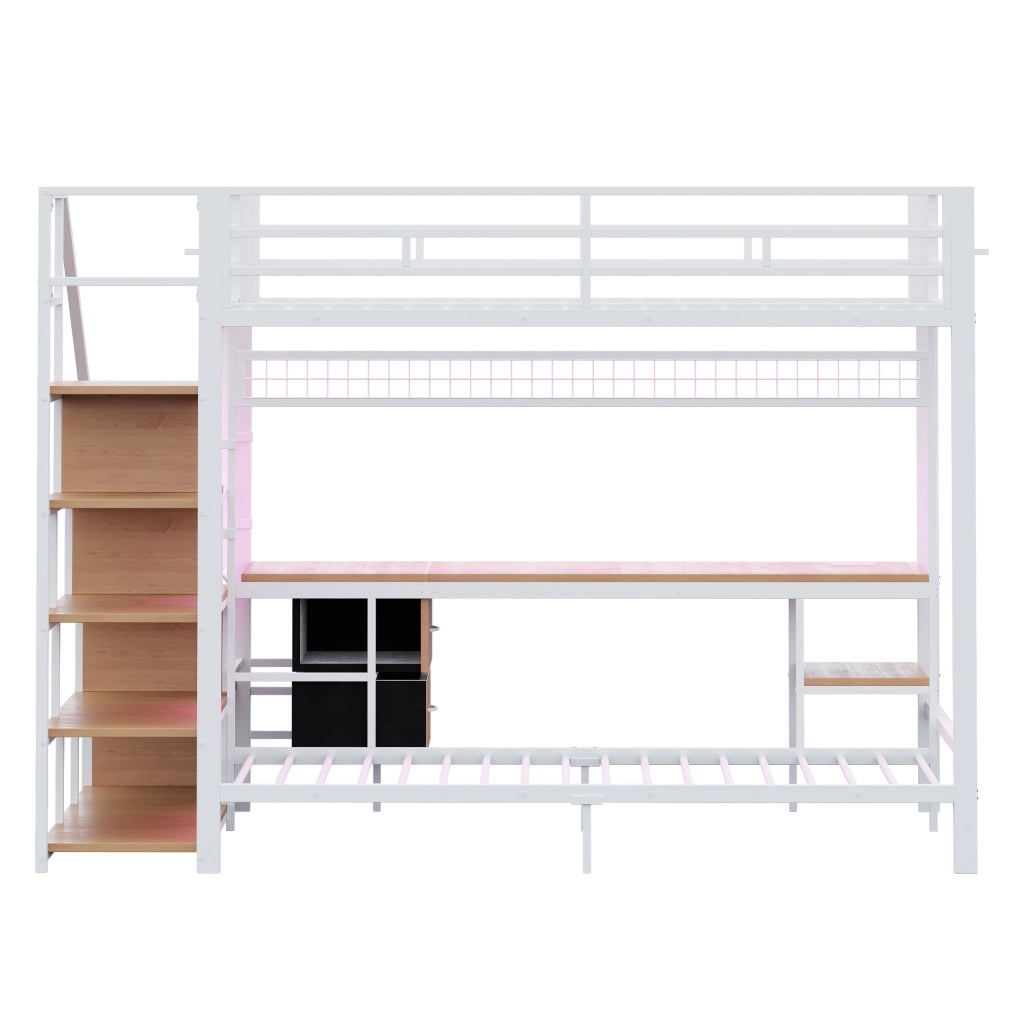 Letto a castello bianco con scrivania LED e prese elettriche in metallo e legno 140x200 e 90x200 cm
