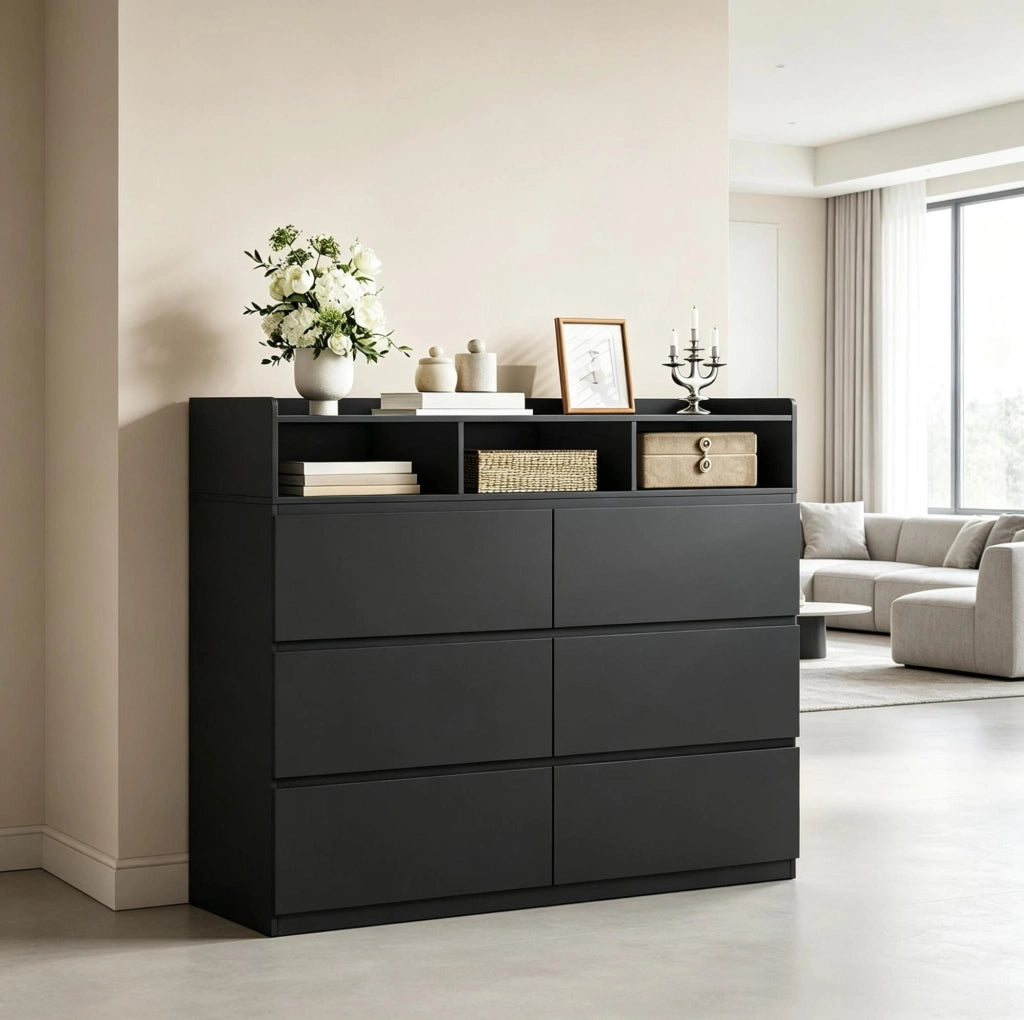 Cassettiera 4 livelli con 6 cassetti e 3 vani aperti 120x40x100 cm nera
