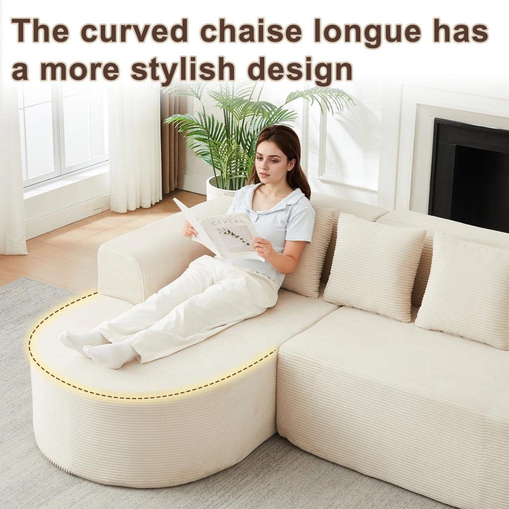 Divano angolare modulare in velluto a coste con schienale e braccioli curvi senza montaggio beige 220 × 155 × 70 cm