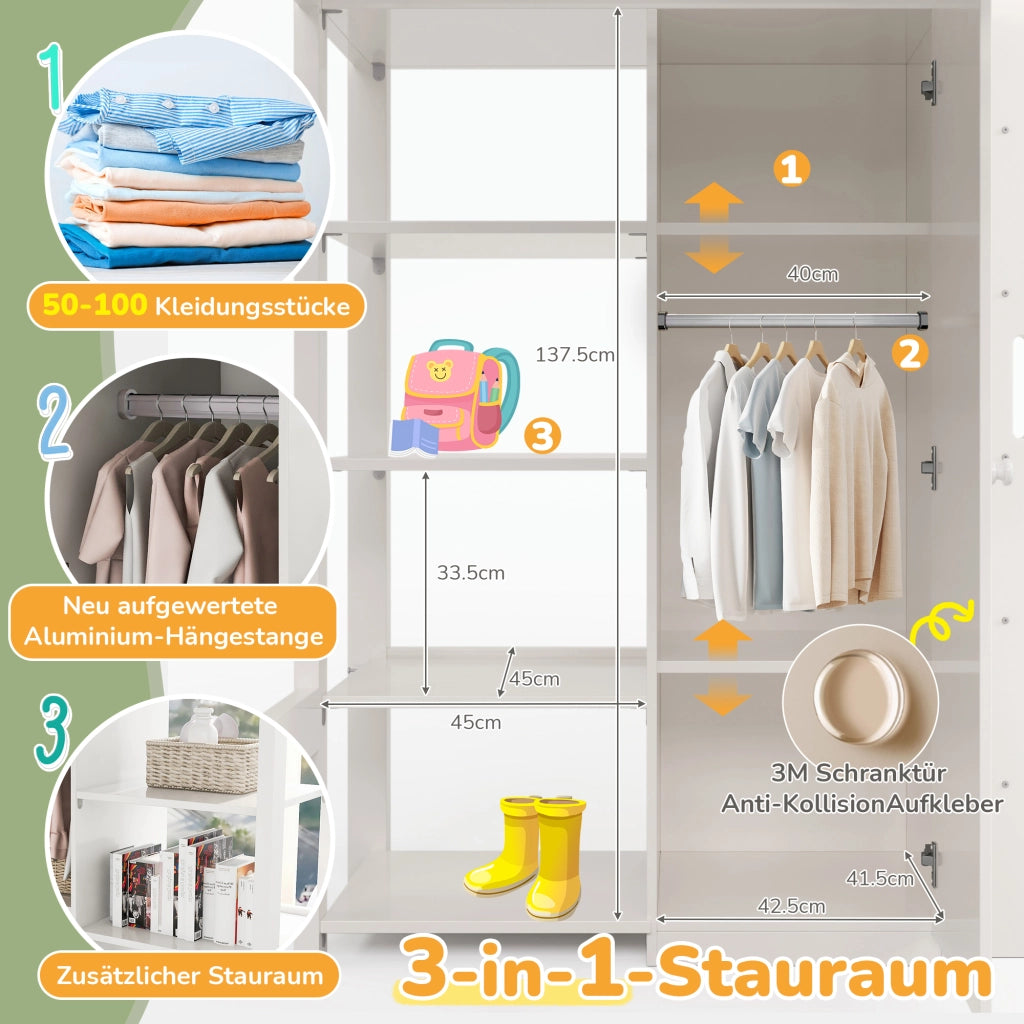 Letto a soppalco per bambini con armadio e 6 ripiani; bianco; 90x200 cm; certificato EN747; senza materasso