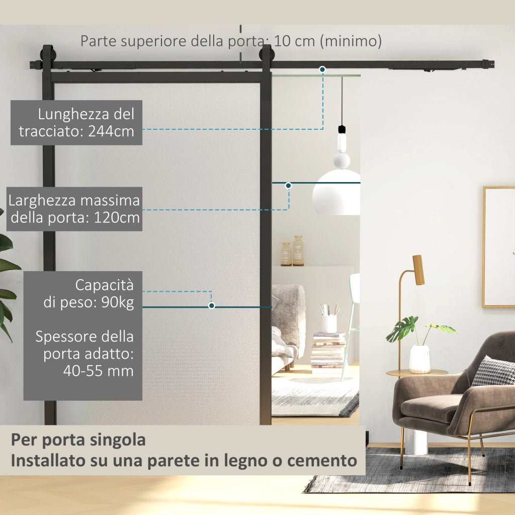 Kit Porta Scorrevole 90kg max Salvaspazio 244x0,5x4 cm in Acciaio al Carbonio con Accessori Nero