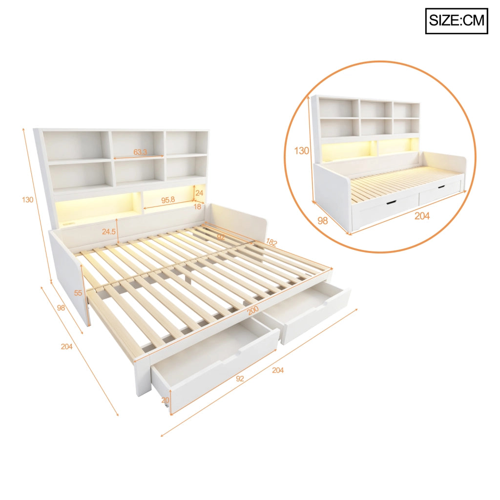 Letto divano estensibile 90x200/180x200 cm con LED; USB; cassetti e ripiani aperti; legno bianco