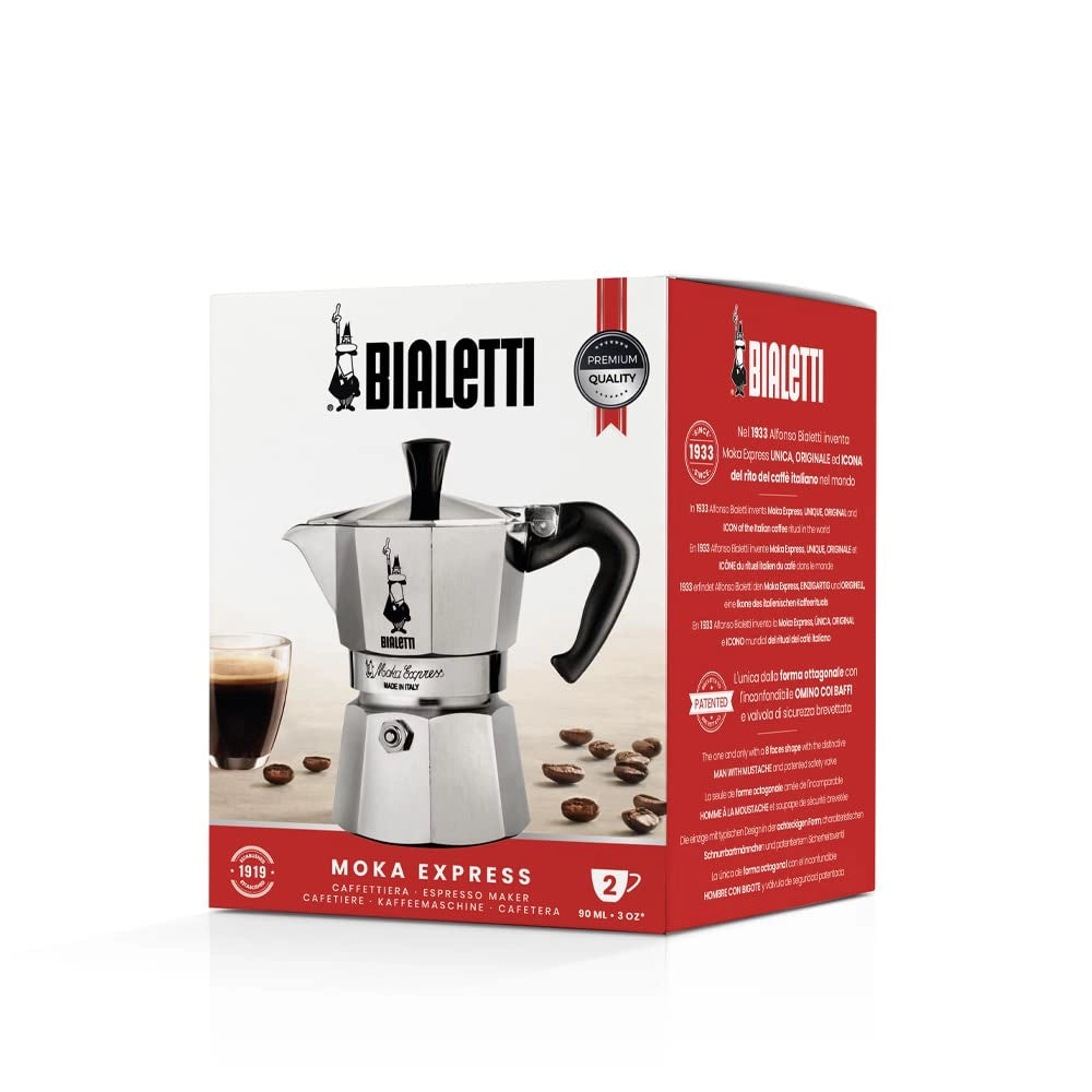 Caffettiera Moka Express Restyling 2 Tazze in Alluminio con Manico Ergonomico Made in Italy Bialetti