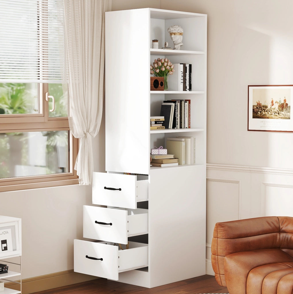 Libreria stretta 60x38x180 cm con 3 cassetti laterali e ripiani regolabili; bianca