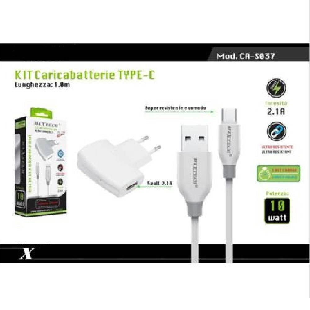 Trade Shop - Kit Caricabatterie Caricatore Ricambio 10w Cavo Type-c 2.1a 1mt Maxtech Ca-s037 -
