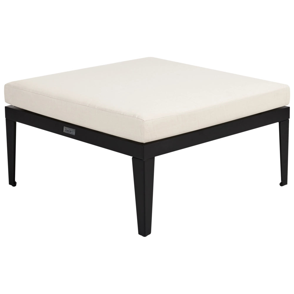 Set da giardino 3 posti in legno di acacia certificato con divano angolare tavolino e cuscini beige chiaro lato sinistro con ottomano