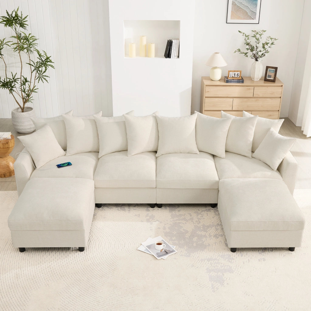 Divano angolare modulare 6 posti - con 10 cuscini e moduli flessibili - in chenille beige