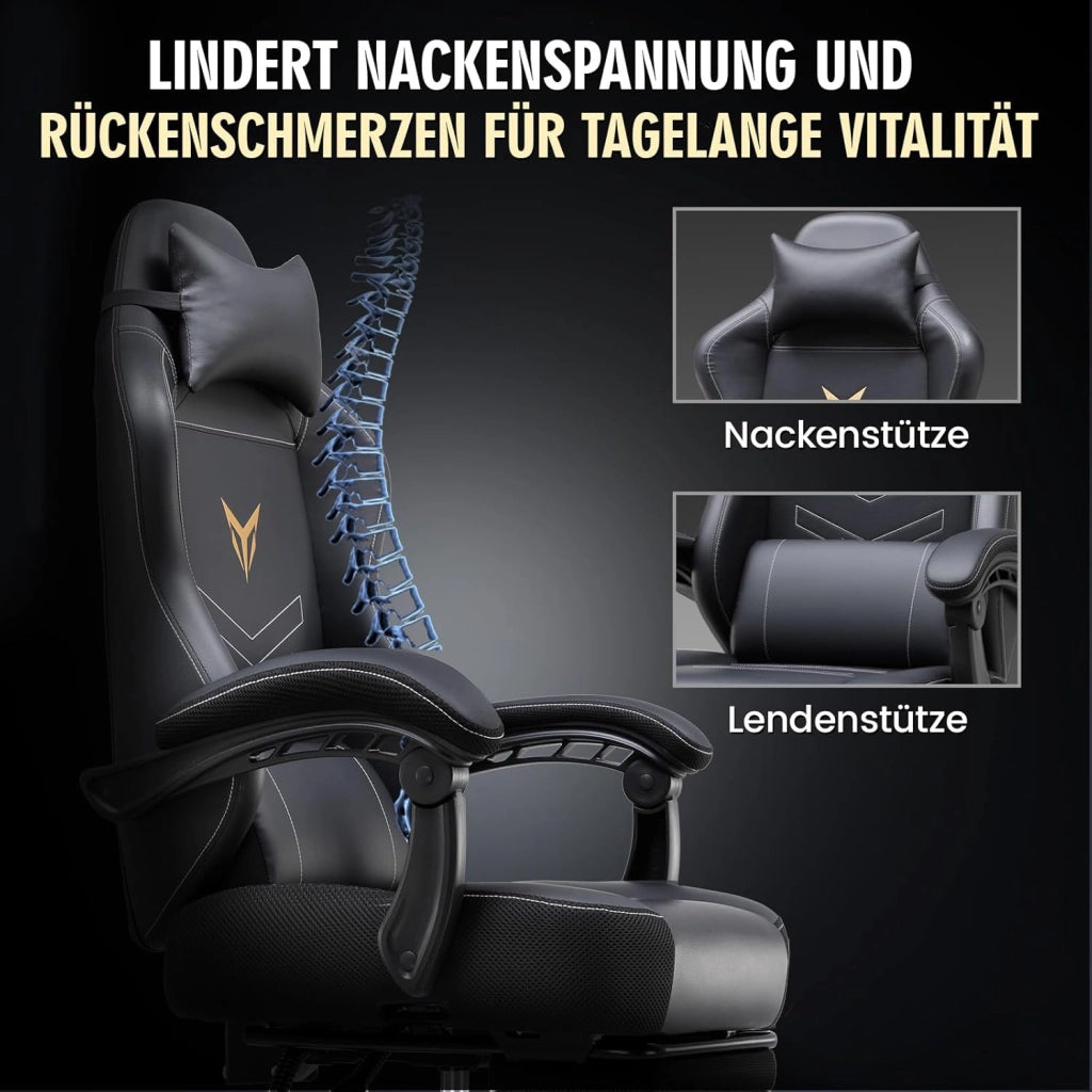 Sedia da gioco, ergonomica, con poggiapiedi, sedia da ufficio, regolabile in altezza, con cuscino lombare, sedia girevole in ecopelle nera