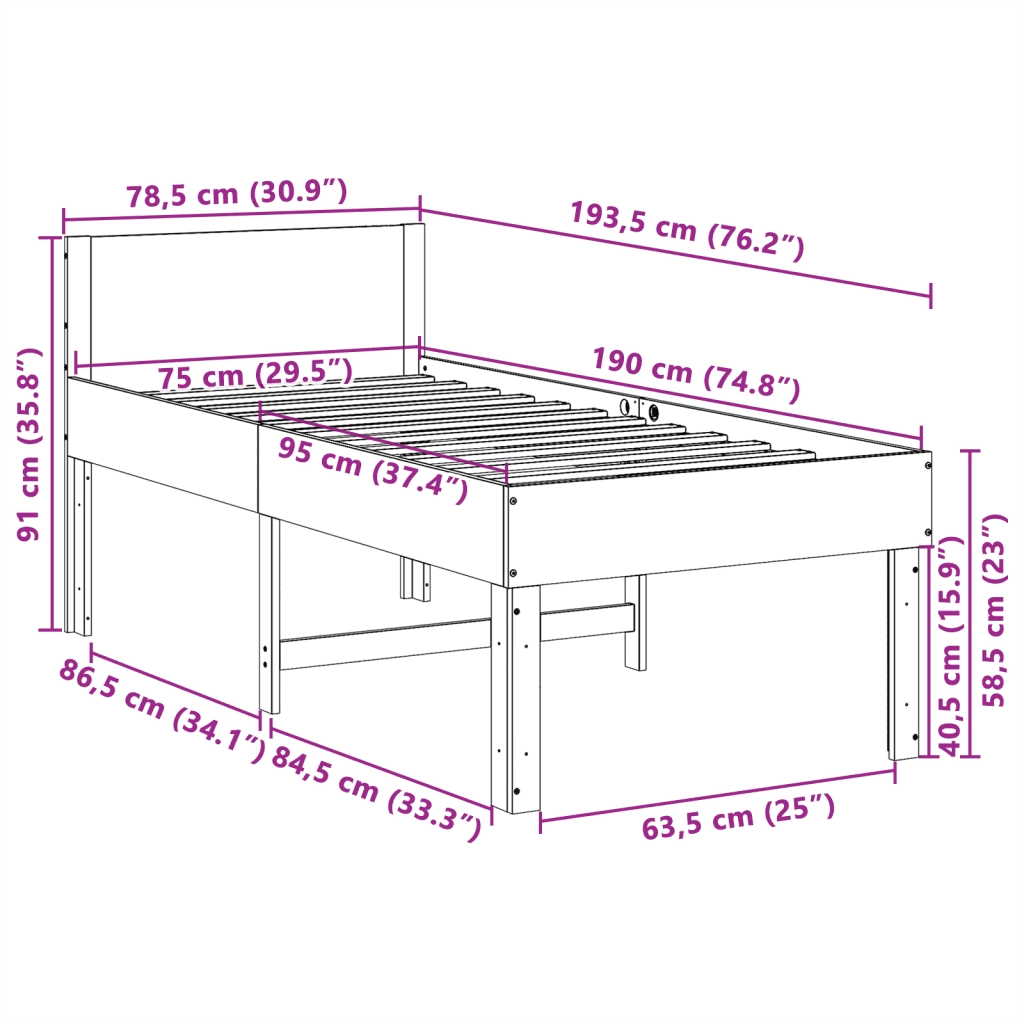Letto senza Materasso Bianco 75x190 in Legno Massello di Pino 855745