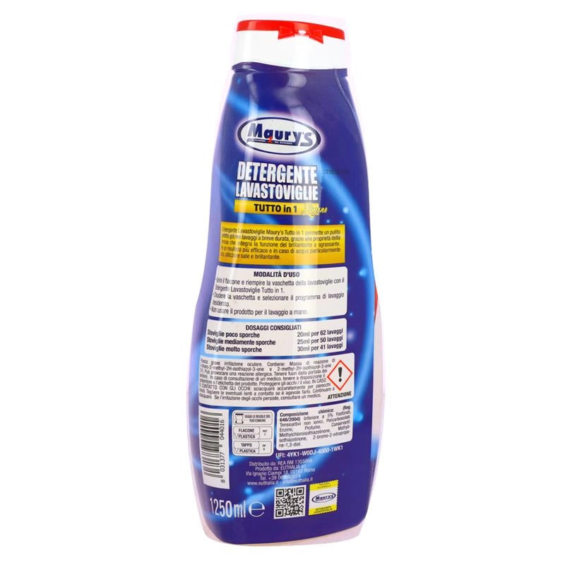 MAURY'S GEL LAVASTOVIGLIE TUTTO IN 1 62 LAVAGGI BRILLANTE SGRASSANTE ADATTO ANCHE PER CICLI BREVI LIMONE 1250ML