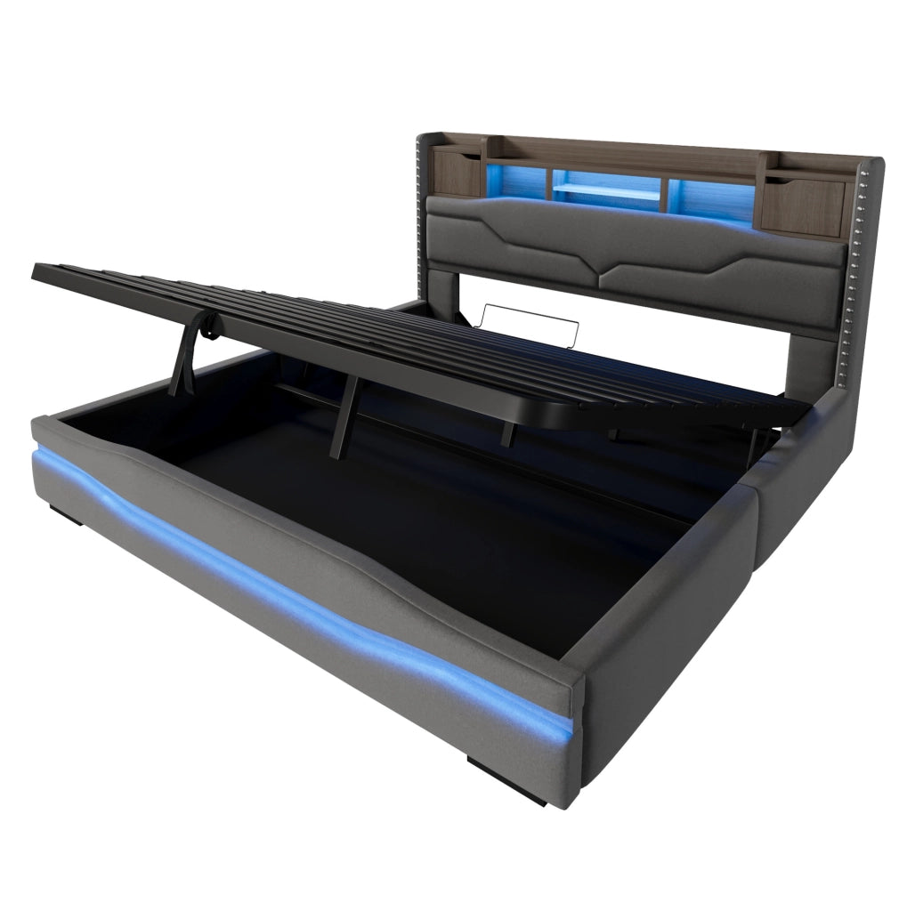 Letto imbottito 180x200 cm con contenitore idraulico; LED e prese USB; grigio