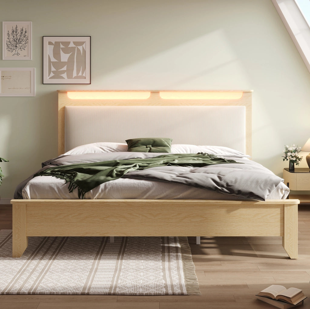 Letto matrimoniale 140x200 cm con testiera contenitore; LED e rivestimento in corduroy beige; effetto rovere chiaro