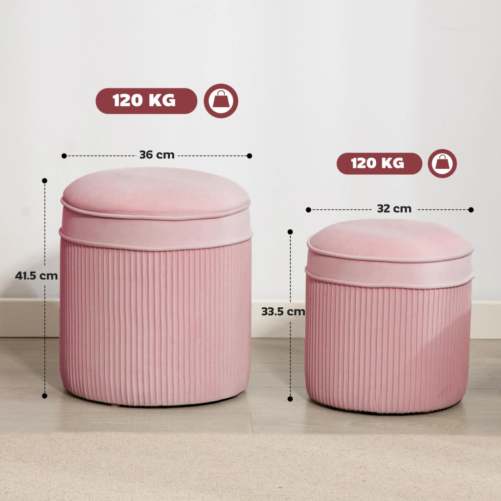 Pouf Poggiapiedi Rotondo Imbottito ¨C Xylo ¨C Velluto Rosa con Contenitore 34.8L Set 2 Pezzi