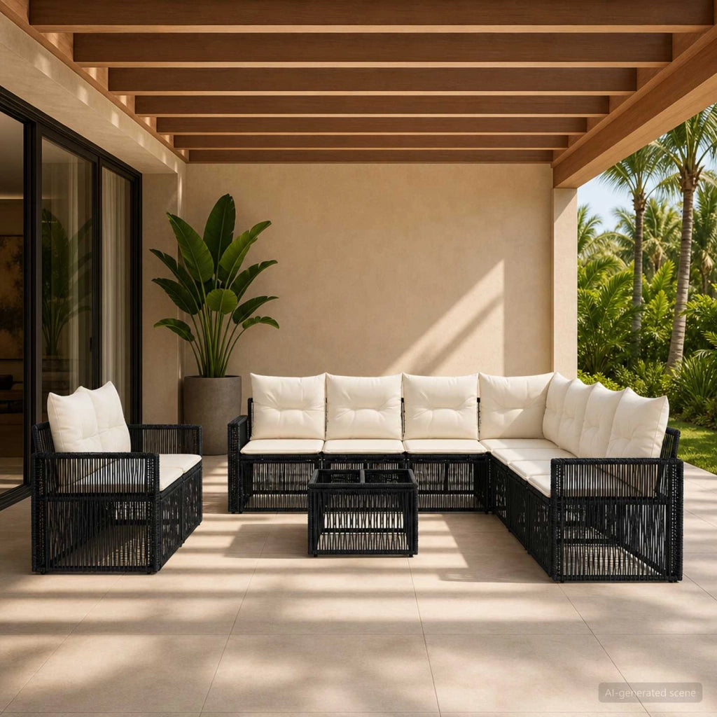 Set Divano da Giardino 10 pz Nero e Bianco Crema polyrattan 3435166