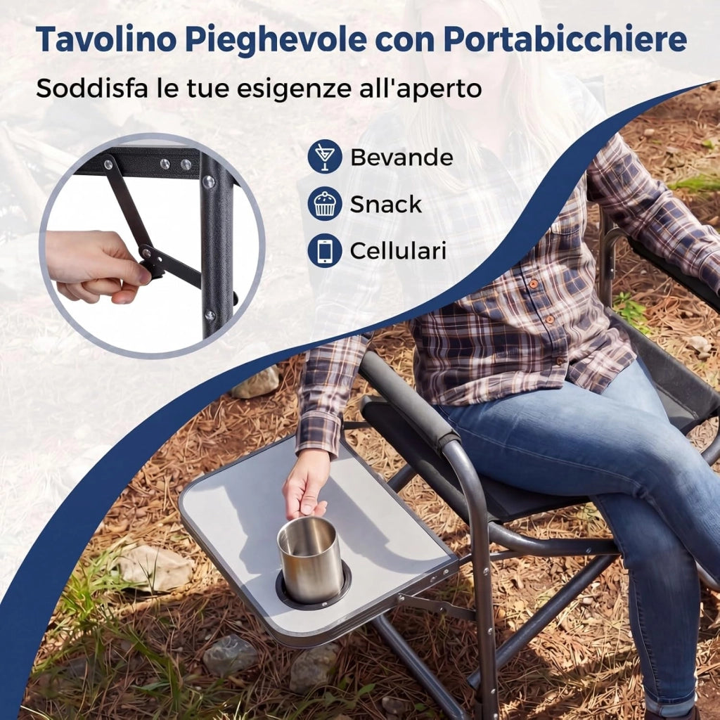 Sedia da Regista Imbottita con Tavolino, Ampio Sedile, Braccioli e Schienale, Sedia da Campeggio Pieghevole con Telaio Metallico per Eventi Sportivi e Pesca, Portata 180 kg (Nero)