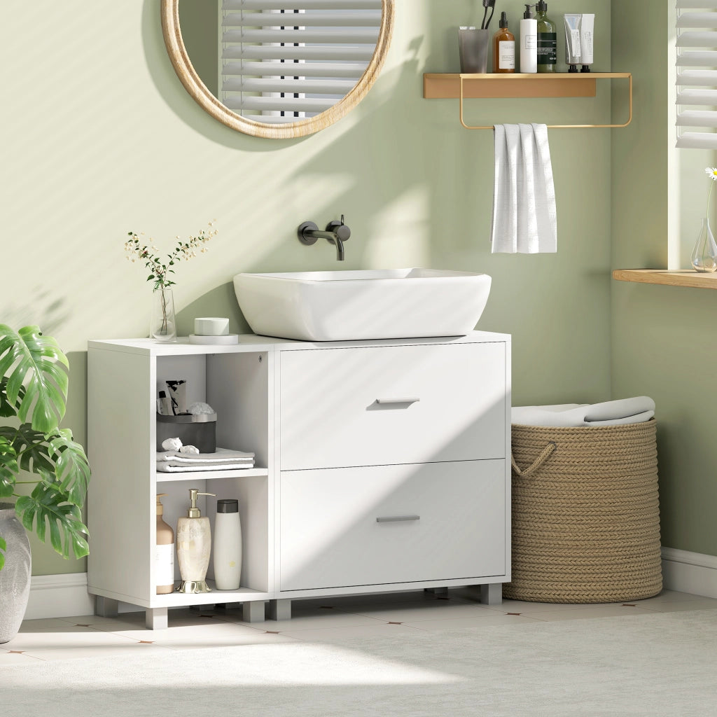 Mobile Sottolavabo da Bagno 90x30x60 cm con 2 Cassetti e Ripiani Aperti in Legno Bianco