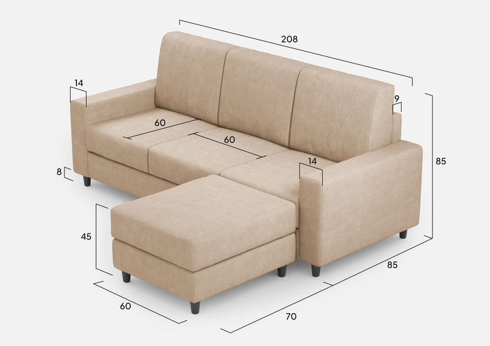 Divano 3 Posti con Pouf 208x155x85 cm Sakar in Tessuto Beige