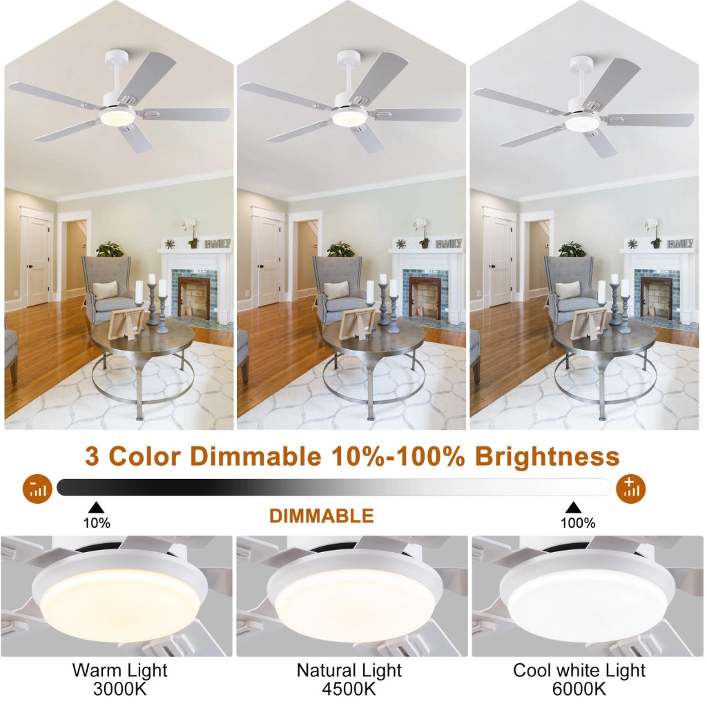 Ventilatore da soffitto con luce LED dimmerabile e telecomando, bianco e rovere chiaro