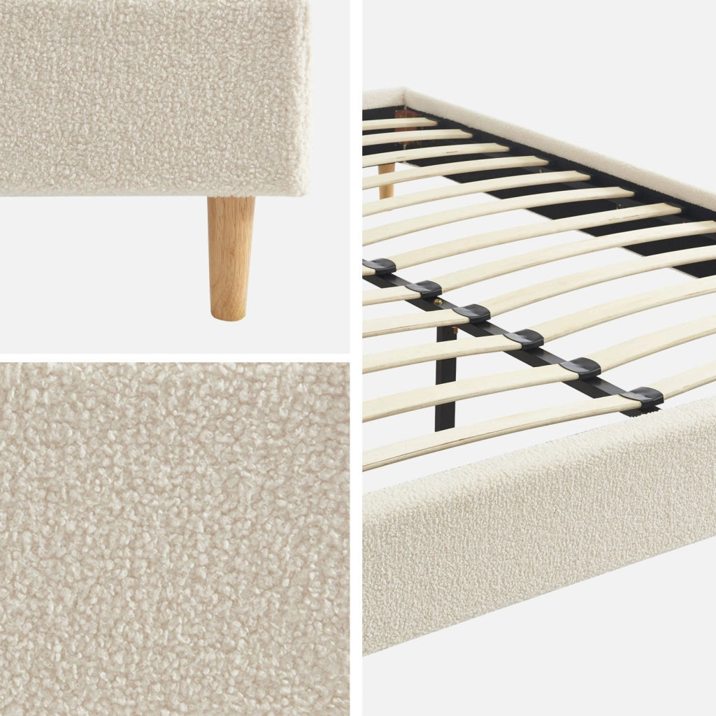 Struttura letto con rete a doghe, finitura bouclé, bianco, bianco