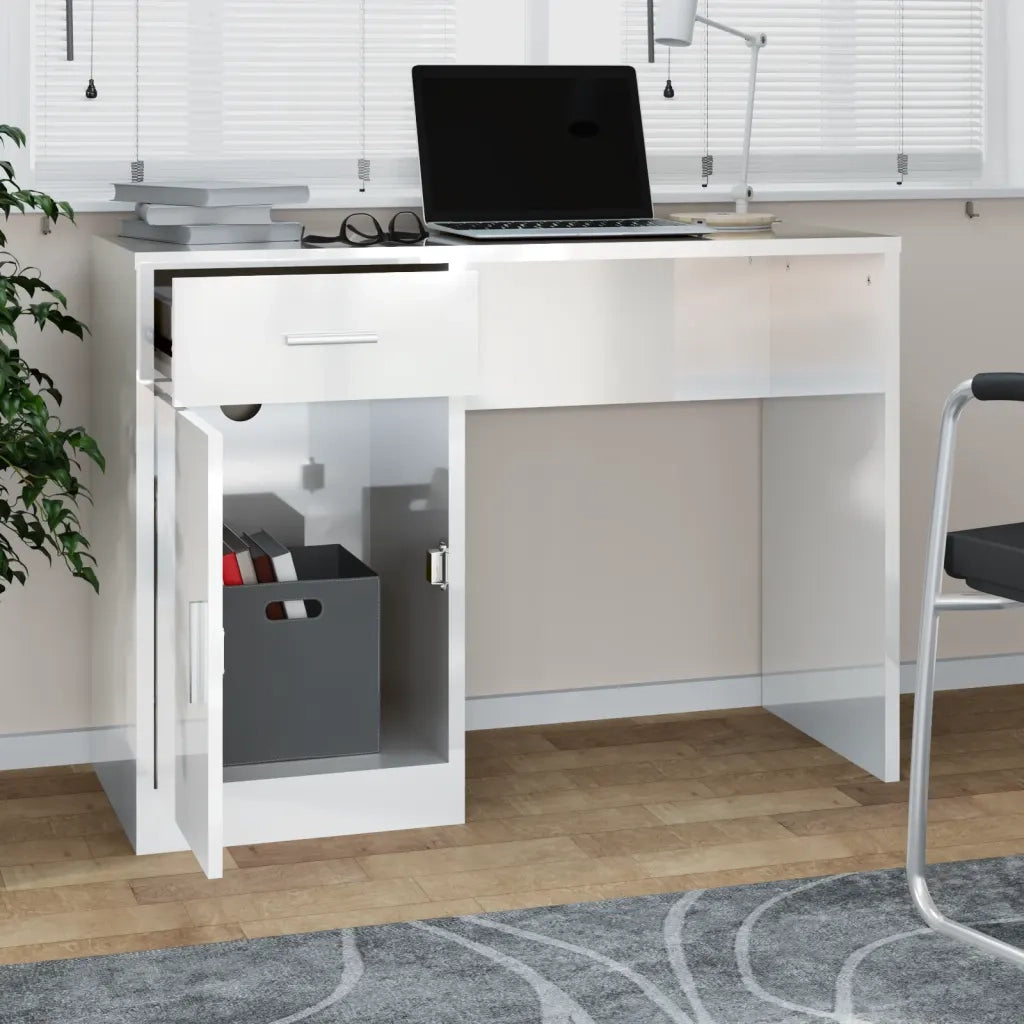 Scrivania | Tavolo da Ufficio Cassetto Bianco Lucido 100x40x73cm Legno Multistrato